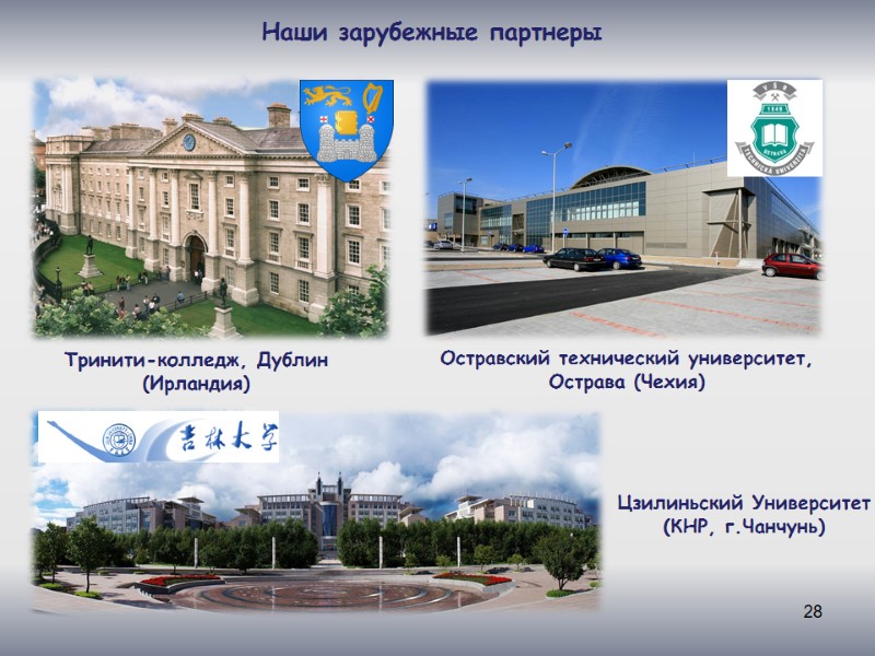 28 Наши зарубежные партнеры Тринити-колледж, Дублин (Ирландия)  Остравский технический университет, Острава (Чехия) Цзилиньский